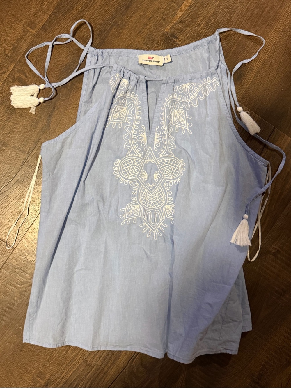Vineyard Vines Sky Blue Tassel Halter Camisole with White Embroidery